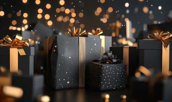Elegant gift boxes adorned with golden bows are beautifully arranged for the Black Friday sale, creating a festive atmosphere for Christmas 2026 celebrations with sparkles all around - Powered by Adobe