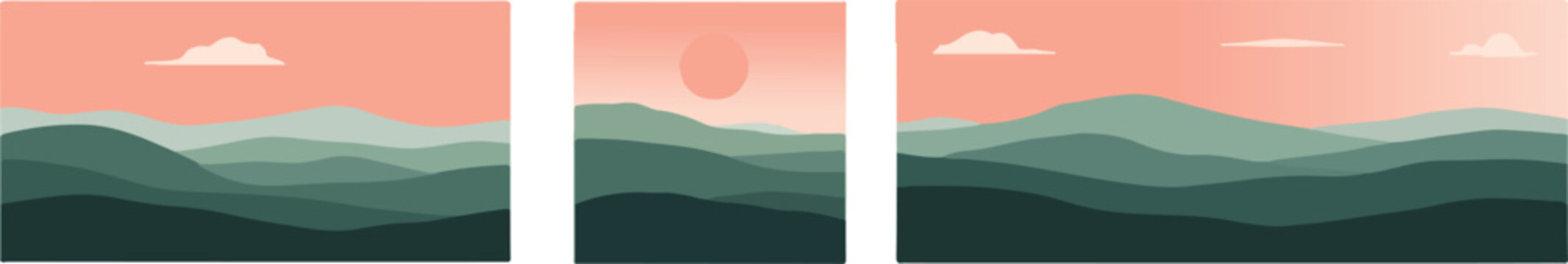 Serene triptych of rolling hills under a soft sunset sky
