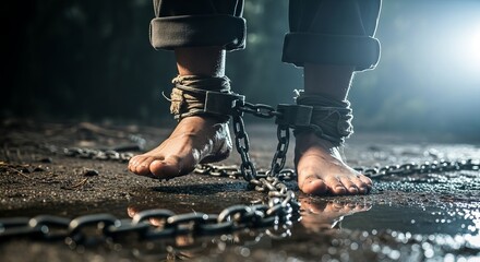 Bare feet shackled with heavy chains rest on wet ground conveying a sense of captivity and despair.