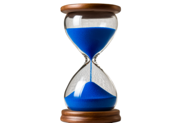 Sand timer with blue sand symbolizes time passing and urgency