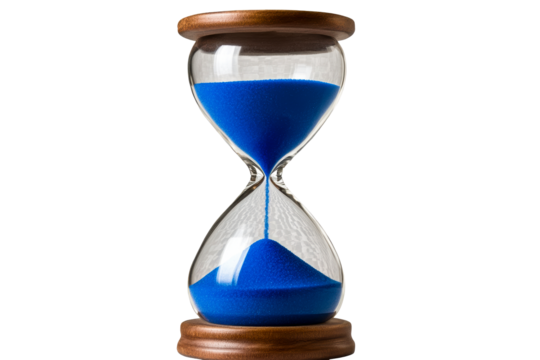 Sand timer with blue sand symbolizes time passing and urgency