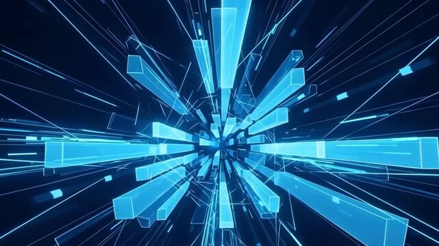 Abstract blue digital data stream with glowing lines and geometric shapes - Powered by Adobe