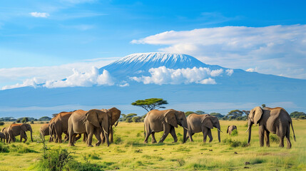 Naklejka premium African Elephant Herd Kilimanjaro Mountain Tanzania. Herd of african elephants whilst on a safari trip to Kenya and a snow capped Kilimanjaro mountain in Tanzania in the background, under a cloudy blu