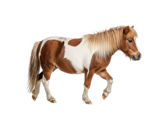 A brown and white spotted pony walking, isolated on transparent background