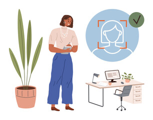 Woman holding notebook, face ID recognition interface, office desk with computer, and potted plant. Ideal for workplace, security, technology, productivity, professionalism identity modern work