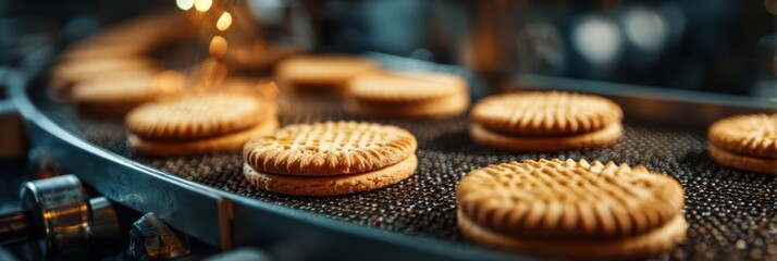 Cookies baking on a conveyor belt in a modern factory during the late afternoon shift