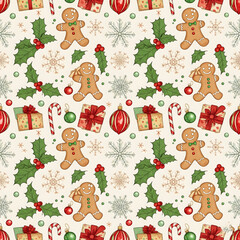 Festive Gingerbread and Holly Christmas Pattern