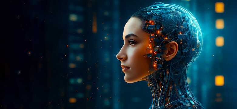 Sci-fi portrait of a female cyborg with glowing implants and braided hair, showcasing a seamless fusion of human and robotic anatomy.