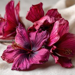 Dried hibiscus flowers on beige fabric, close-up.  Plants