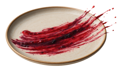 A beige ceramic plate with a dynamic splash of dark red berry sauce artistically smeared across the surface.