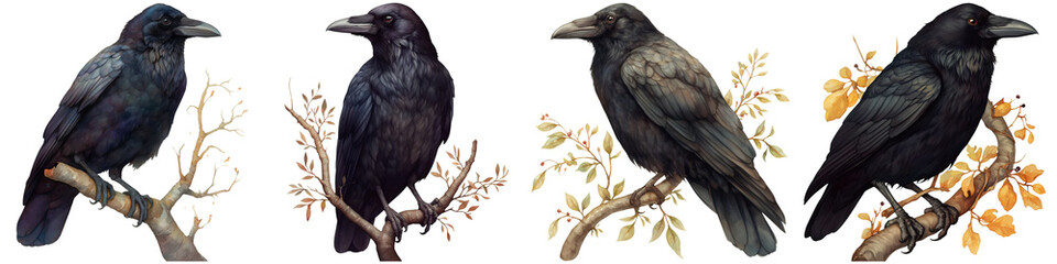Fototapeta premium Four stylized ravens perched on branches, showcasing variations in color and detail.