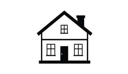 Simple outline drawing of a two story house with a pitched roof chimney and windows on a white background
