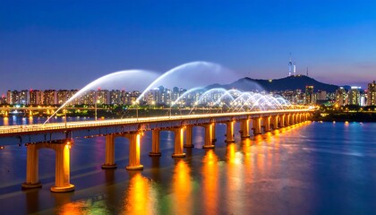 Obraz premium Banpo Bridge Moonlight Rainbow Fountain and Seoul Skyline at Dusk, South Korea