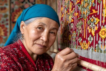 Craftswoman weaving traditional handmade carpet in workshop