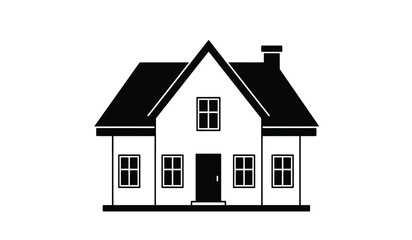 Simple black and white silhouette of a traditional two story house with a pitched roof and chimney on a white background