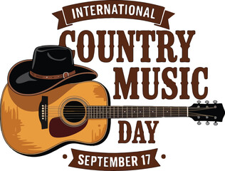Acoustic guitar with cowboy hat and International Country Music Day text vector