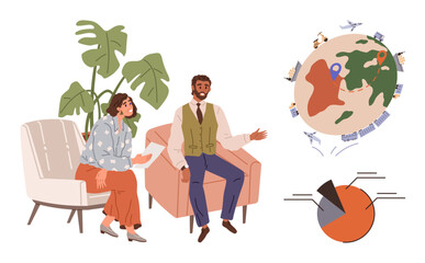 Two coworkers engaged in discussion while seated, globe with map pins and transportation routes, and pie chart. Ideal for teamwork, discussion, global communication, data analysis, travel planning
