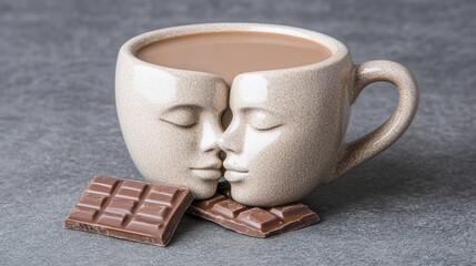 A creatively designed coffee mug shaped like two faces touching, accompanied by pieces of chocolate, Perfect for marketing campaigns related to coffee, romance, or unique kitchenware,