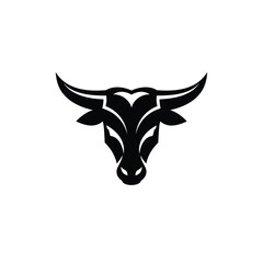 Powerful silhouette of a bull s head with large horns facing forward on a clean white background representing strength and determination