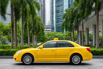 Yellow taxi cab parked in urban tropical setting with palm trees and skyscrapers