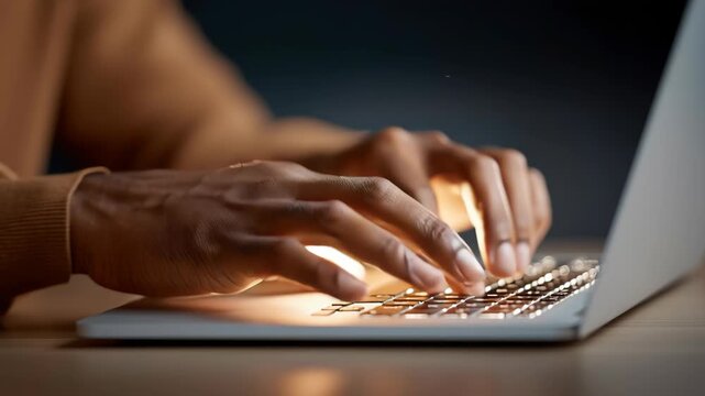 Focused work with laptop keyboard and hands in dimly lit environment highlighting technology, typing, and office productivity