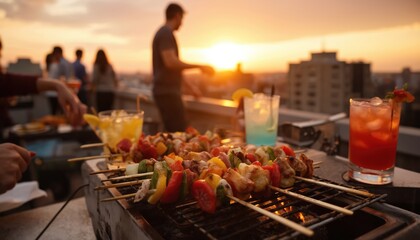 Friends gather on rooftop for sunset barbecue, enjoying grilled skewers of meat, vegetables. Vibrant cocktails served as urban skyline glows in warm evening light. Scene captures summer leisure,