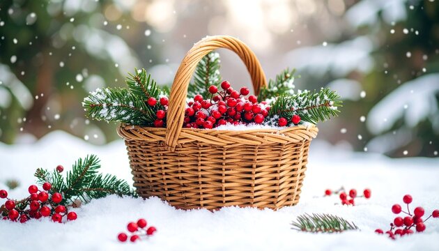 Snowy scene with wicker basket filled with red berries and evergreen sprigs, scattered berries on snow