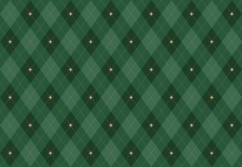 Christmas rhombus seamless pattern. Xmas plaid texture with gold line and stars. Green argyle geometric diamond abstract pattern. Christmas wrapping. Vector illustration isolated on green background.