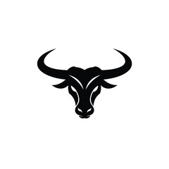 Powerful silhouette of a bull s head with large horns facing forward on a clean white background representing strength and determination