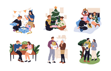 People give festive gifts set. Happy men, women and kids make surprises for the holiday, exchange Christmas presents, open birthday giftboxes. Flat isolated vector illustrations on white background