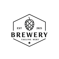 Vintage hexagonal brewery logo design featuring a stylized hop cone and established date isolated on white background