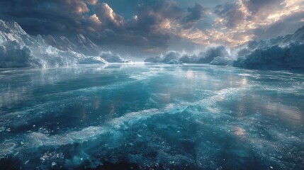 Fototapeta premium Serene ice landscape reflecting dramatic clouds and shimmering waters at twilight in a polar region