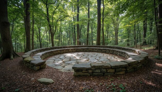 Stone circle seating area nestled within rich forest provides tranquil space for relaxation, outdoor activities. Natural stone construction complements surrounding woodland landscape. Ideal for