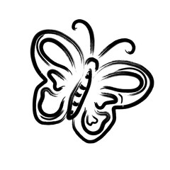 hand drawn black brush ink line art simple butterfly icon design isolated on transparent background.