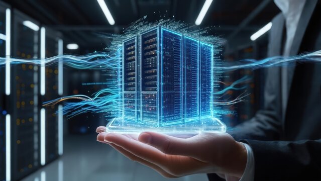 Hand holding a digital server rack