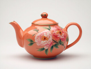 Photorealistic composition of a ceramic teapot with hand-painted peony flowers