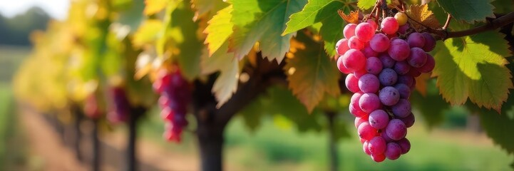 Close-up of mature grape vines, their leaves turning autumnal hues, with bunches of ripe grapes hanging heavy, signifying the end of the harvest season , red, clusters, vineyard