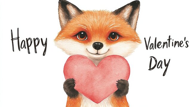 A charming illustration of a fox holding a heart, perfect for conveying love and friendship on Valentine's Day, This delightful image can be used in greeting cards, social media, and decorations,
