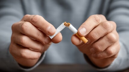 Fototapeta premium A person is breaking a cigarette in half as a powerful symbol of determination to quit smoking. This action reflects a commitment to healthier living and self-improvement
