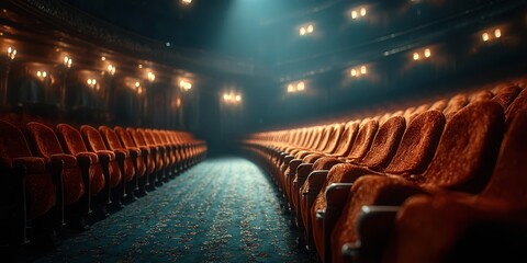 View of empty theater seating illuminated by soft lights at a dramatic angle enhancing the classic architecture