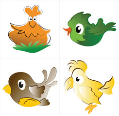 Funny cartoon animal and bird collection with cute characters and seamless designs Set of 4 colorful cartoon bird vector illustrations in a fun and playful style, perfect for kids' books, prints, 