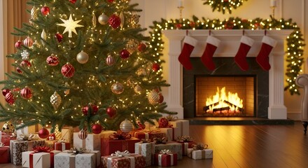 Christmas tree with presents in a cozy living room with fireplace