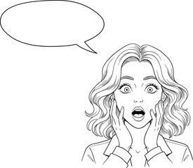Surprised woman pop art, retro comic style, black and white drawing, speech bubble illustration, hand-drawn shocked face, vector cartoon sketch, emotional expression art