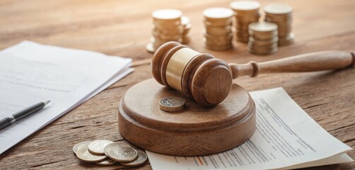Wooden gavel placed on circular base next to stacks of coins and legal documents. Symbolizes law, justice, finance, and court proceedings. Represents financial matters, authority, and legal rulings.