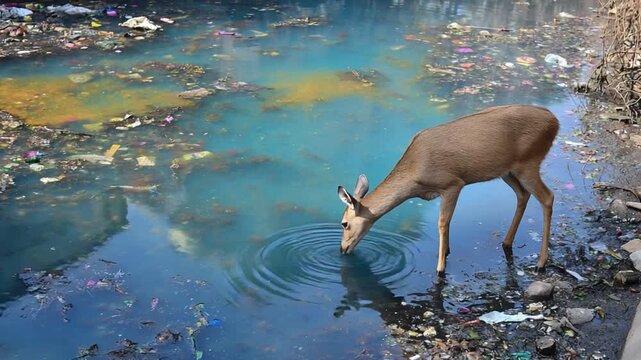 Deer's Plight: A solitary deer cautiously drinks from a polluted water source.