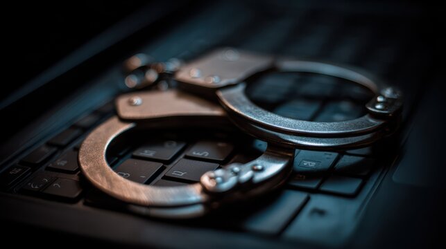 Metal handcuffs are placed on a dark keyboard, representing the challenges of cybercrime and the importance of protecting digital information in modern society - Powered by Adobe