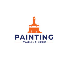 Creative paintbrush with vibrant orange paint splatters and the word painting isolated on white background