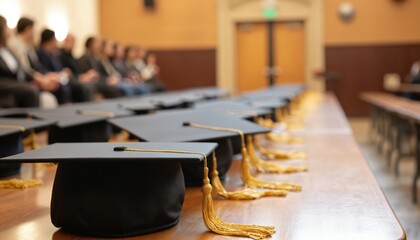 Rows of black graduation caps with gold tassels arranged neatly on wooden table at academic ceremony. New graduates await diplomas, education, achievement, success. Formal gathering indoors.