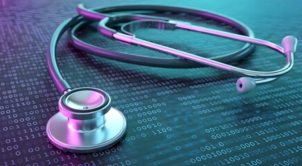 Digital Healthcare Diagnosis: A stethoscope lies atop a digital matrix of ones and zeros, signifying the intersection of modern healthcare and technology in a futuristic, professional.