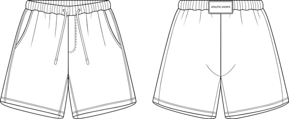 Athletic shorts flat sketch front and back view, vector fashion CAD drawing, activewear template, casual sport shorts design mockup